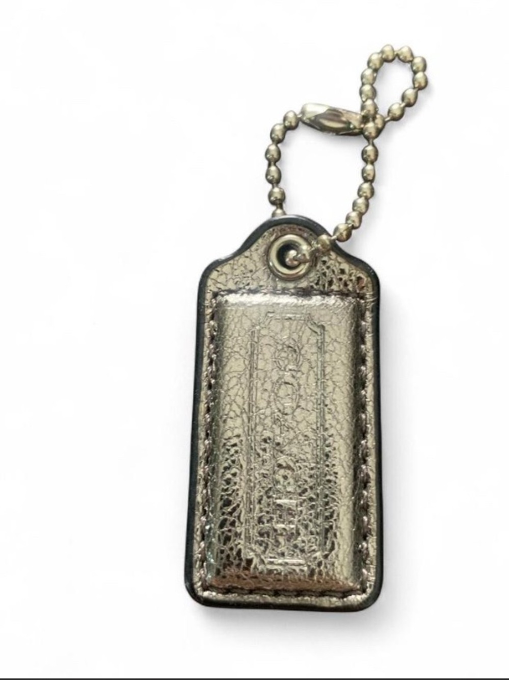 Authentic COACH Metallic Silver Leather Hangtag Bag Charm Keychain 1.5”